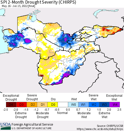 Central Asia SPI 2-Month Drought Severity (CHIRPS) Thematic Map For 5/16/2022 - 7/15/2022
