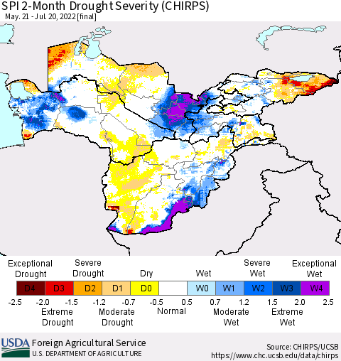 Central Asia SPI 2-Month Drought Severity (CHIRPS) Thematic Map For 5/21/2022 - 7/20/2022