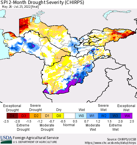 Central Asia SPI 2-Month Drought Severity (CHIRPS) Thematic Map For 5/26/2022 - 7/25/2022