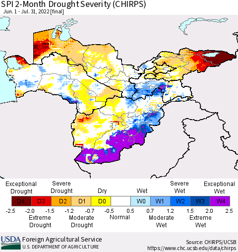 Central Asia SPI 2-Month Drought Severity (CHIRPS) Thematic Map For 6/1/2022 - 7/31/2022