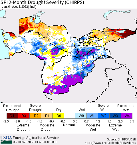 Central Asia SPI 2-Month Drought Severity (CHIRPS) Thematic Map For 6/6/2022 - 8/5/2022