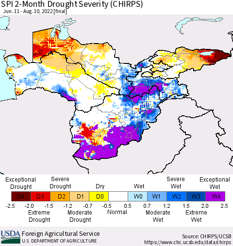 Central Asia SPI 2-Month Drought Severity (CHIRPS) Thematic Map For 6/11/2022 - 8/10/2022