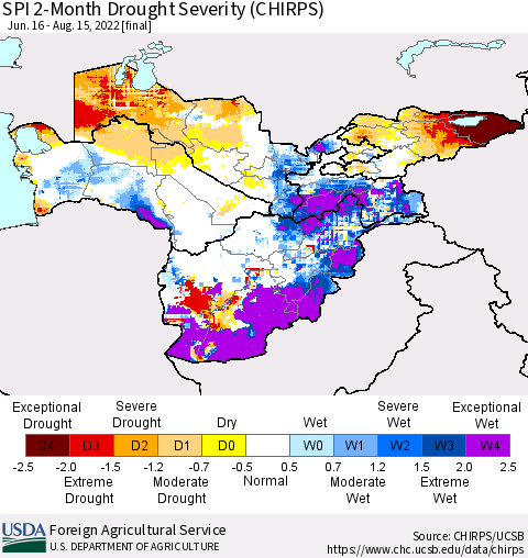 Central Asia SPI 2-Month Drought Severity (CHIRPS) Thematic Map For 6/16/2022 - 8/15/2022