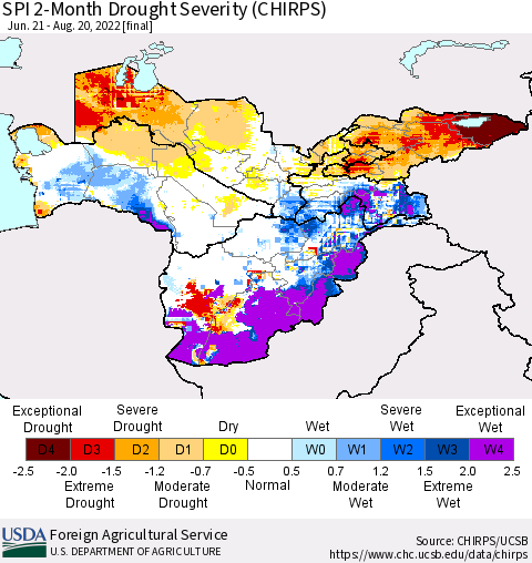 Central Asia SPI 2-Month Drought Severity (CHIRPS) Thematic Map For 6/21/2022 - 8/20/2022