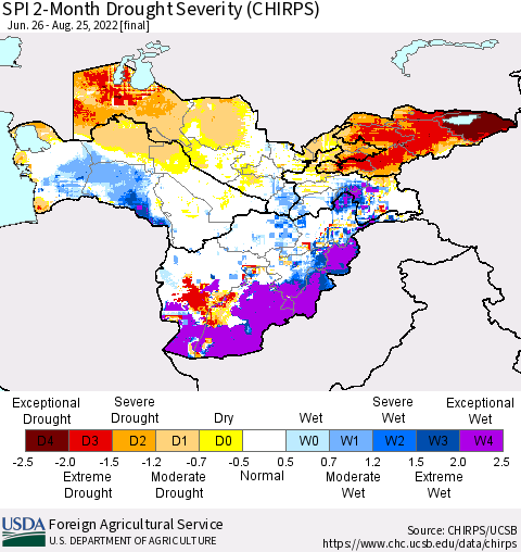 Central Asia SPI 2-Month Drought Severity (CHIRPS) Thematic Map For 6/26/2022 - 8/25/2022