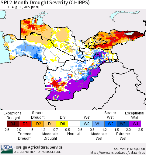 Central Asia SPI 2-Month Drought Severity (CHIRPS) Thematic Map For 7/1/2022 - 8/31/2022