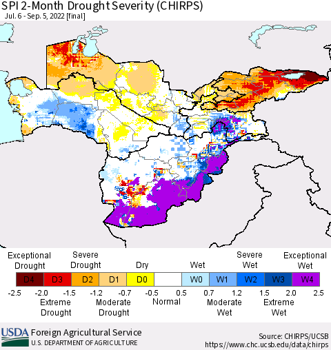 Central Asia SPI 2-Month Drought Severity (CHIRPS) Thematic Map For 7/6/2022 - 9/5/2022