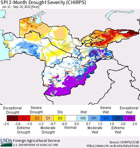 Central Asia SPI 2-Month Drought Severity (CHIRPS) Thematic Map For 7/11/2022 - 9/10/2022