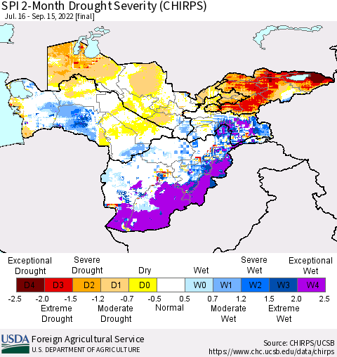 Central Asia SPI 2-Month Drought Severity (CHIRPS) Thematic Map For 7/16/2022 - 9/15/2022