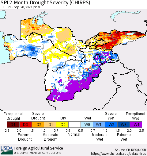 Central Asia SPI 2-Month Drought Severity (CHIRPS) Thematic Map For 7/21/2022 - 9/20/2022
