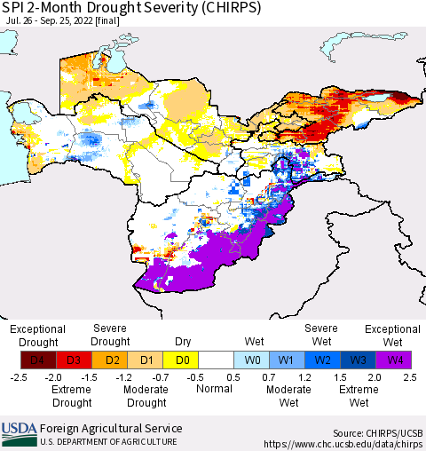 Central Asia SPI 2-Month Drought Severity (CHIRPS) Thematic Map For 7/26/2022 - 9/25/2022
