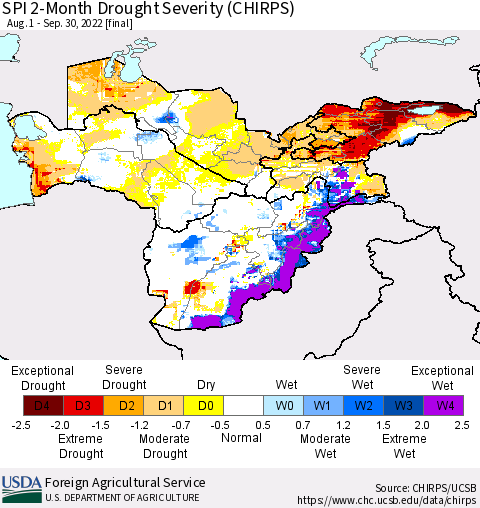 Central Asia SPI 2-Month Drought Severity (CHIRPS) Thematic Map For 8/1/2022 - 9/30/2022