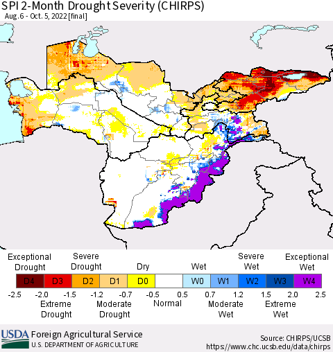 Central Asia SPI 2-Month Drought Severity (CHIRPS) Thematic Map For 8/6/2022 - 10/5/2022