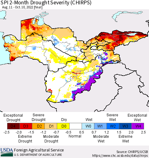 Central Asia SPI 2-Month Drought Severity (CHIRPS) Thematic Map For 8/11/2022 - 10/10/2022