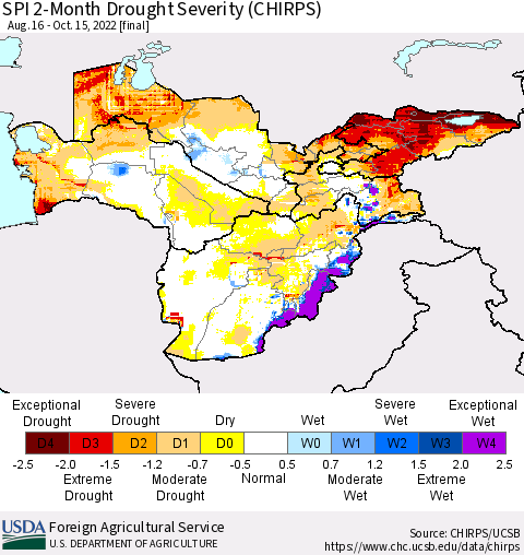Central Asia SPI 2-Month Drought Severity (CHIRPS) Thematic Map For 8/16/2022 - 10/15/2022