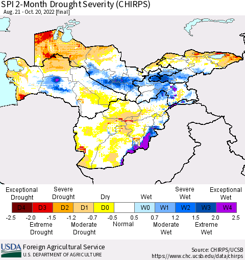 Central Asia SPI 2-Month Drought Severity (CHIRPS) Thematic Map For 8/21/2022 - 10/20/2022