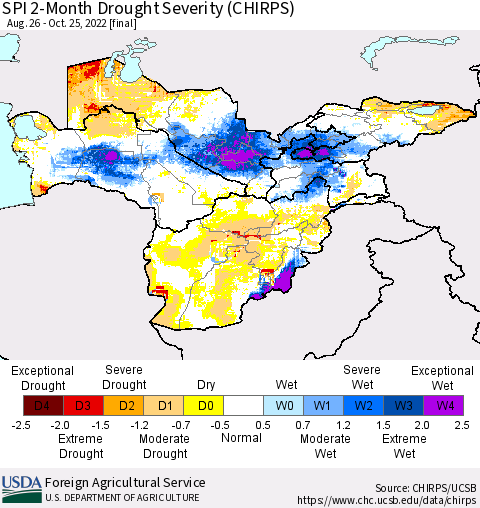 Central Asia SPI 2-Month Drought Severity (CHIRPS) Thematic Map For 8/26/2022 - 10/25/2022