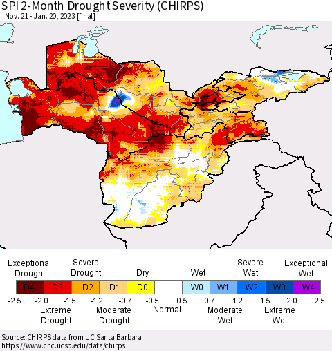 Central Asia SPI 2-Month Drought Severity (CHIRPS) Thematic Map For 11/21/2022 - 1/20/2023