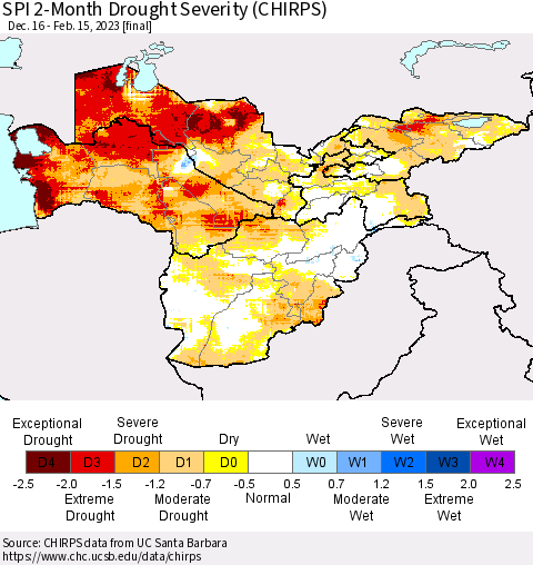 Central Asia SPI 2-Month Drought Severity (CHIRPS) Thematic Map For 12/16/2022 - 2/15/2023