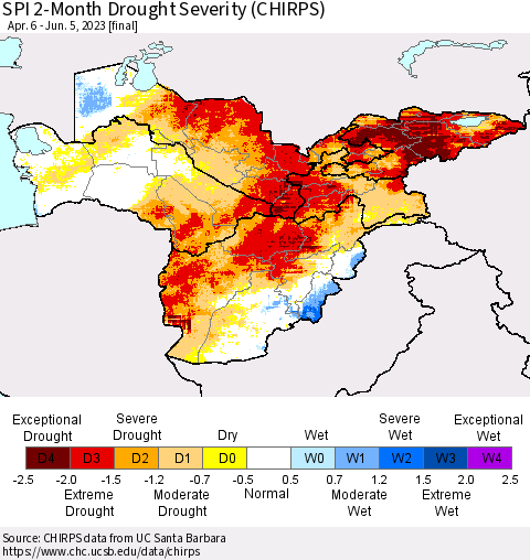Central Asia SPI 2-Month Drought Severity (CHIRPS) Thematic Map For 4/6/2023 - 6/5/2023