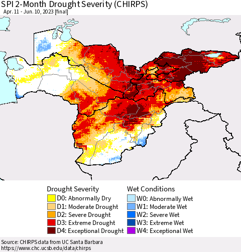 Central Asia SPI 2-Month Drought Severity (CHIRPS) Thematic Map For 4/11/2023 - 6/10/2023