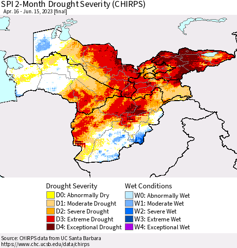 Central Asia SPI 2-Month Drought Severity (CHIRPS) Thematic Map For 4/16/2023 - 6/15/2023