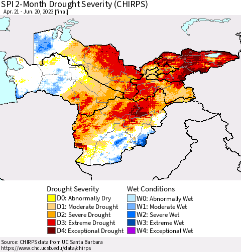 Central Asia SPI 2-Month Drought Severity (CHIRPS) Thematic Map For 4/21/2023 - 6/20/2023