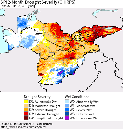 Central Asia SPI 2-Month Drought Severity (CHIRPS) Thematic Map For 4/26/2023 - 6/25/2023