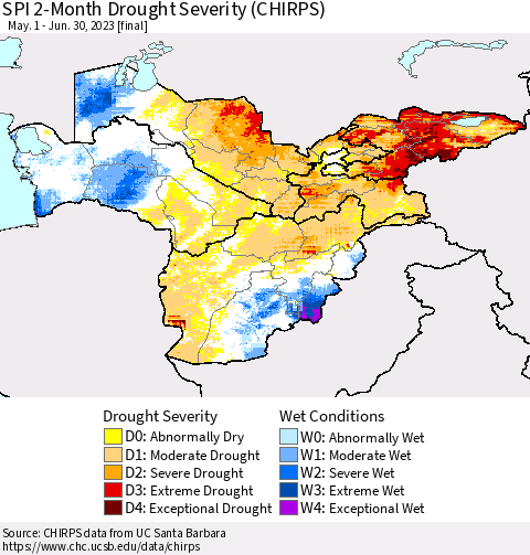 Central Asia SPI 2-Month Drought Severity (CHIRPS) Thematic Map For 5/1/2023 - 6/30/2023