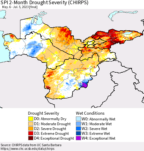 Central Asia SPI 2-Month Drought Severity (CHIRPS) Thematic Map For 5/6/2023 - 7/5/2023