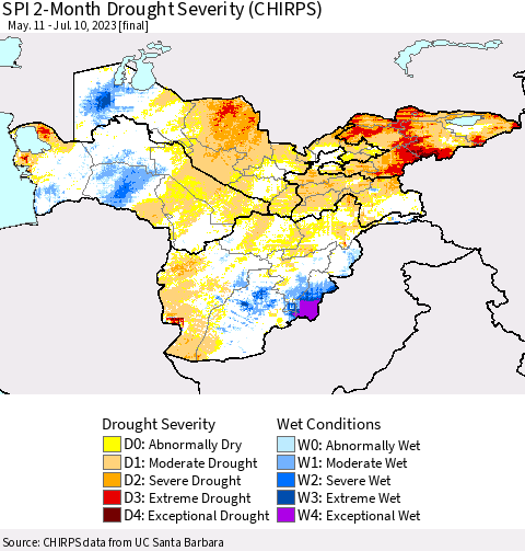 Central Asia SPI 2-Month Drought Severity (CHIRPS) Thematic Map For 5/11/2023 - 7/10/2023