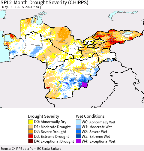 Central Asia SPI 2-Month Drought Severity (CHIRPS) Thematic Map For 5/16/2023 - 7/15/2023