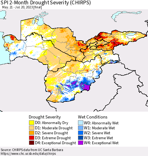 Central Asia SPI 2-Month Drought Severity (CHIRPS) Thematic Map For 5/21/2023 - 7/20/2023