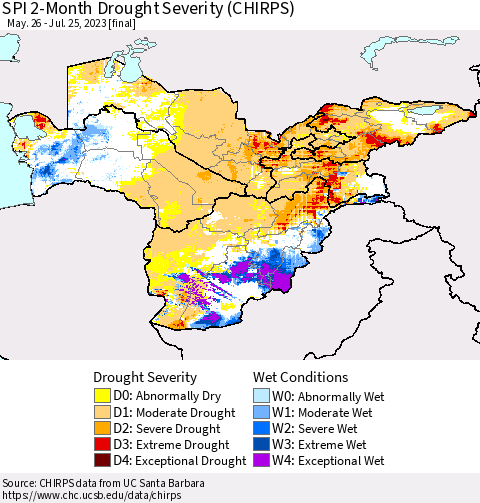 Central Asia SPI 2-Month Drought Severity (CHIRPS) Thematic Map For 5/26/2023 - 7/25/2023