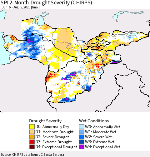 Central Asia SPI 2-Month Drought Severity (CHIRPS) Thematic Map For 6/6/2023 - 8/5/2023