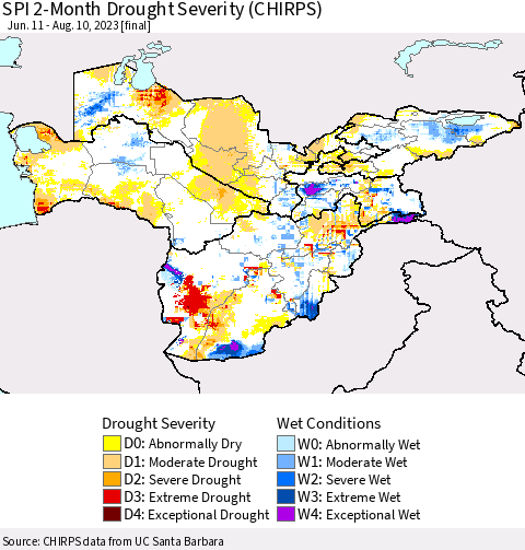 Central Asia SPI 2-Month Drought Severity (CHIRPS) Thematic Map For 6/11/2023 - 8/10/2023