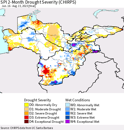 Central Asia SPI 2-Month Drought Severity (CHIRPS) Thematic Map For 6/16/2023 - 8/15/2023