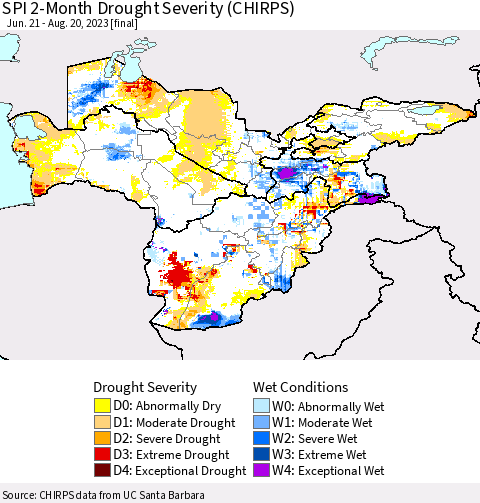 Central Asia SPI 2-Month Drought Severity (CHIRPS) Thematic Map For 6/21/2023 - 8/20/2023
