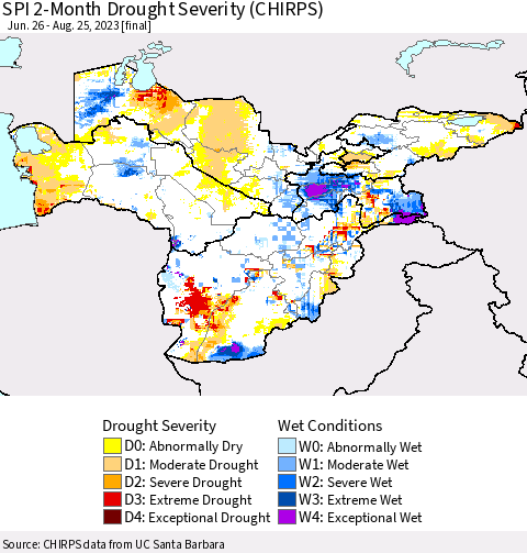 Central Asia SPI 2-Month Drought Severity (CHIRPS) Thematic Map For 6/26/2023 - 8/25/2023