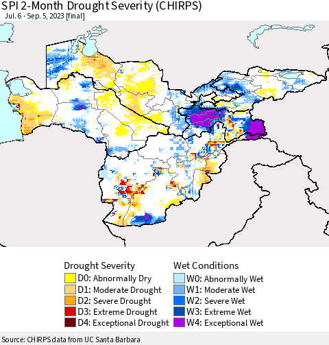Central Asia SPI 2-Month Drought Severity (CHIRPS) Thematic Map For 7/6/2023 - 9/5/2023