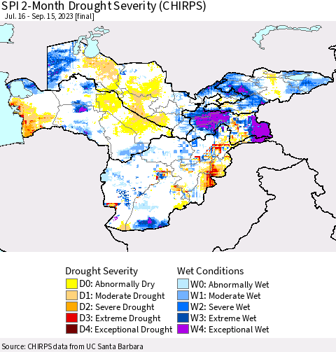 Central Asia SPI 2-Month Drought Severity (CHIRPS) Thematic Map For 7/16/2023 - 9/15/2023