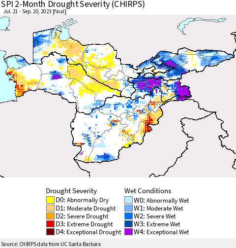 Central Asia SPI 2-Month Drought Severity (CHIRPS) Thematic Map For 7/21/2023 - 9/20/2023