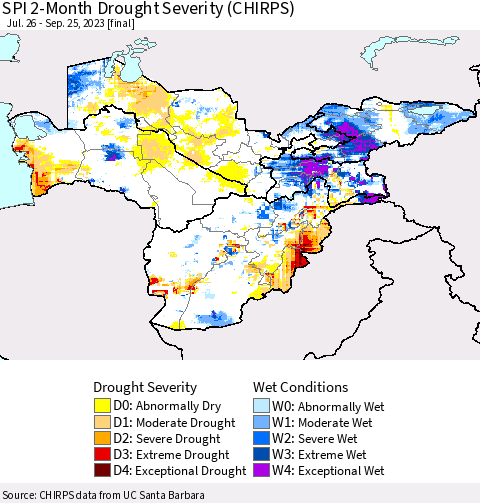 Central Asia SPI 2-Month Drought Severity (CHIRPS) Thematic Map For 7/26/2023 - 9/25/2023