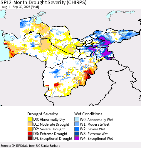 Central Asia SPI 2-Month Drought Severity (CHIRPS) Thematic Map For 8/1/2023 - 9/30/2023