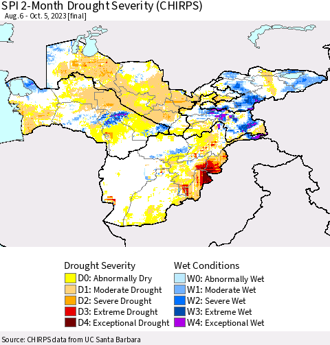 Central Asia SPI 2-Month Drought Severity (CHIRPS) Thematic Map For 8/6/2023 - 10/5/2023