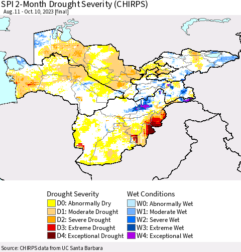 Central Asia SPI 2-Month Drought Severity (CHIRPS) Thematic Map For 8/11/2023 - 10/10/2023