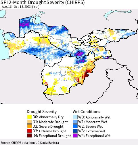 Central Asia SPI 2-Month Drought Severity (CHIRPS) Thematic Map For 8/16/2023 - 10/15/2023
