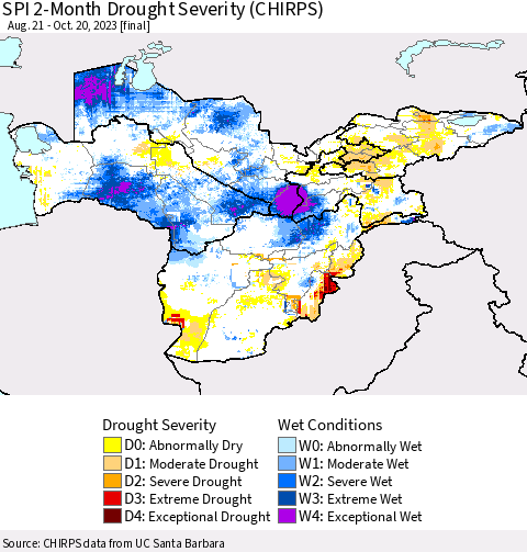 Central Asia SPI 2-Month Drought Severity (CHIRPS) Thematic Map For 8/21/2023 - 10/20/2023