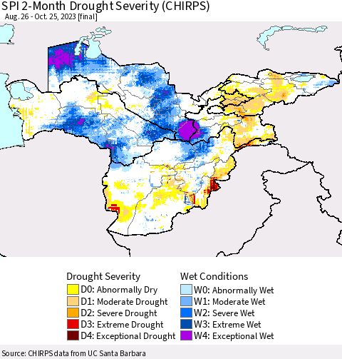 Central Asia SPI 2-Month Drought Severity (CHIRPS) Thematic Map For 8/26/2023 - 10/25/2023