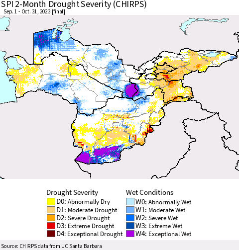Central Asia SPI 2-Month Drought Severity (CHIRPS) Thematic Map For 9/1/2023 - 10/31/2023